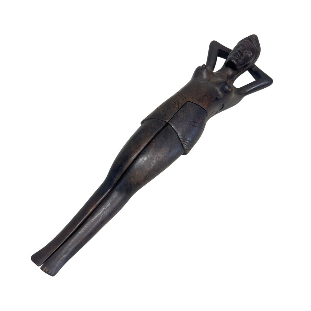 Vintage Hand Carved Wood Woman Nutcracker Folk Art Figurine African Brown 12.5"